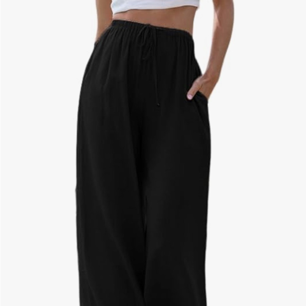 Black Cotton Linen Wide Leg Palazzo Pants